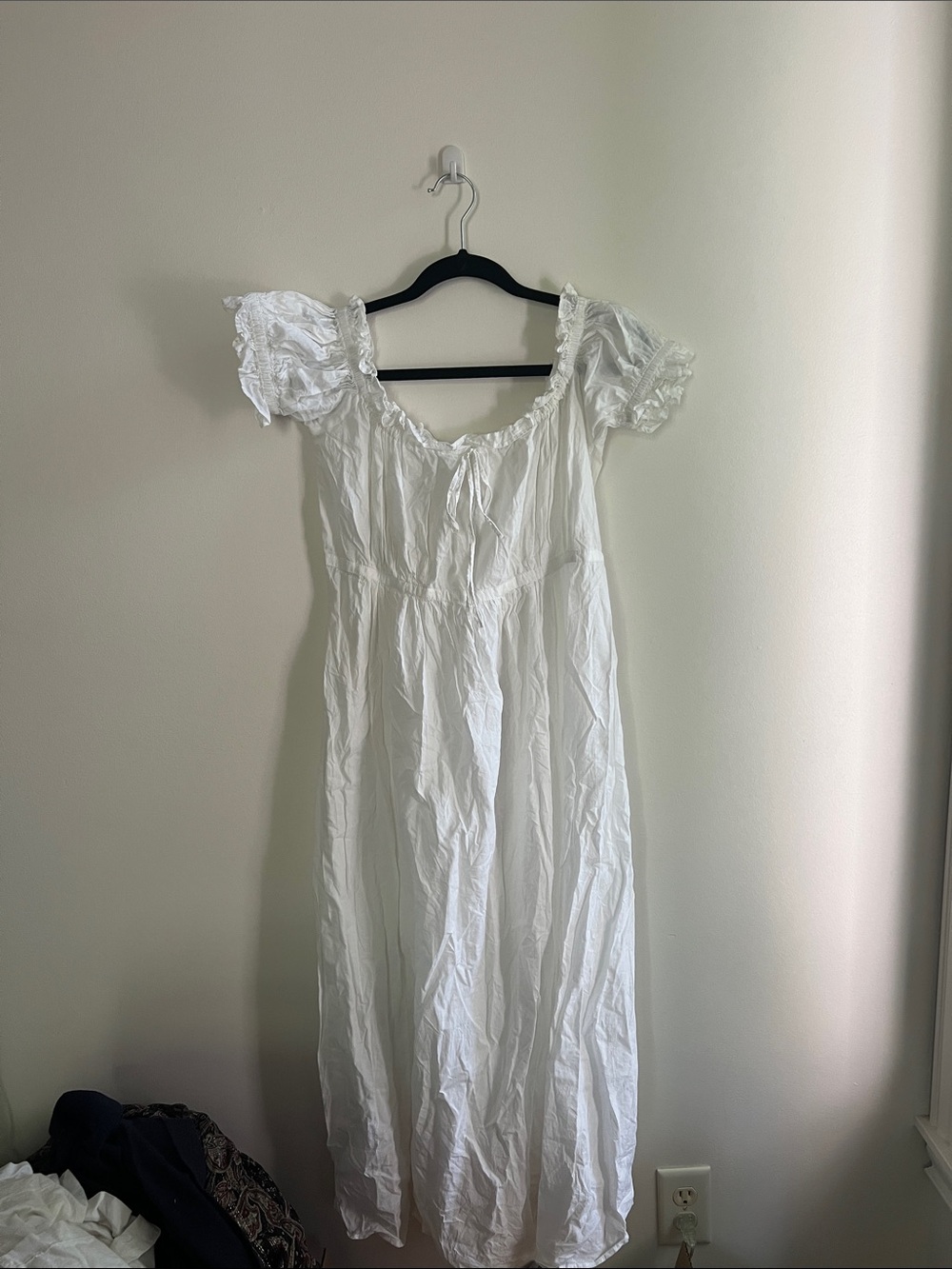 White Maxi Dress with Puff Sleeves and Tie Neck